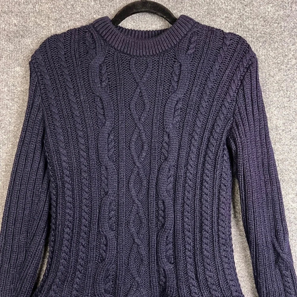 Tory Burch $425 Cable Knit WOOL Fringe Sweater S Blue Excellent Trim Crewneck